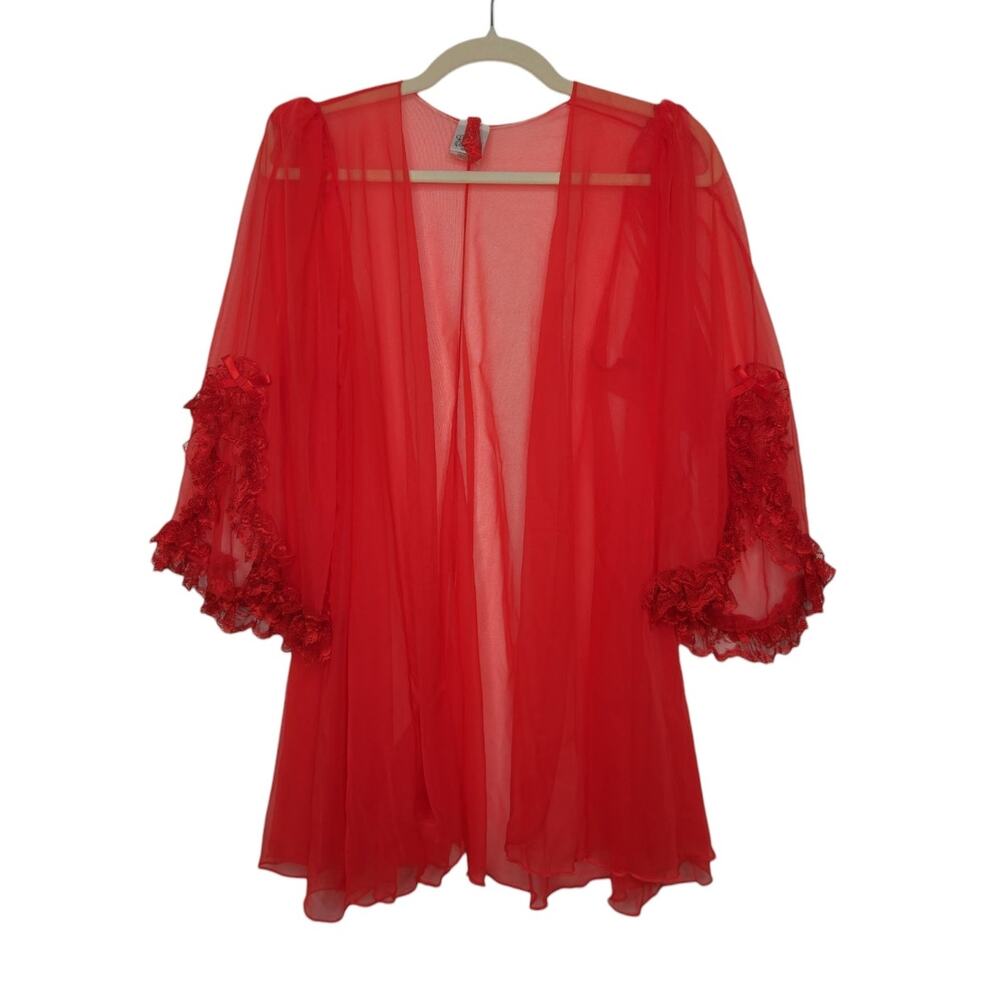 Vintage S. G. Escante Small Red Regal Cardigan Sheer Nightgown Dress Coat Lace